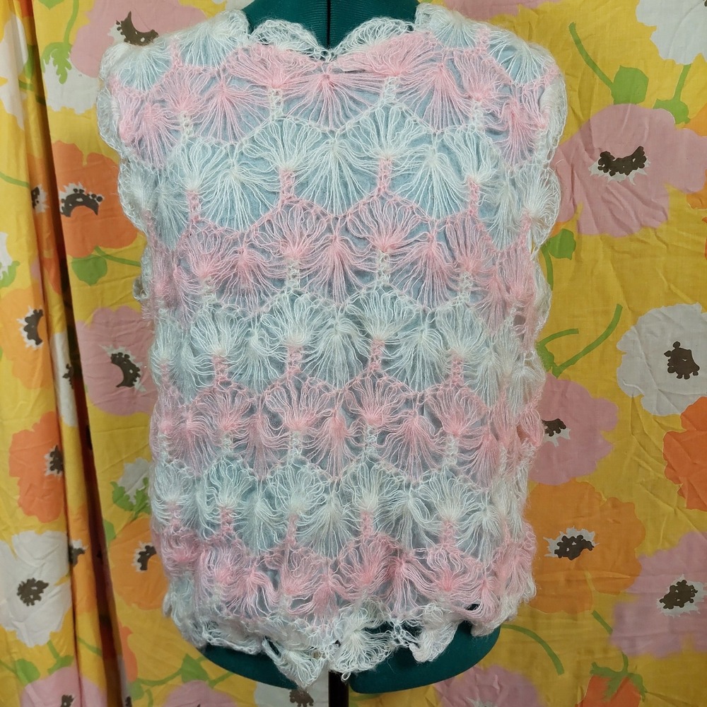 Vintage Pink White Textured Knit Sleeveless Shell Top Zipper Back Retro Lined